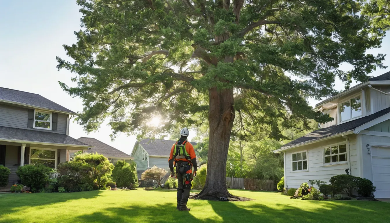 A friendly tree provider inspecting a large tree beside a house in Ann Arbor